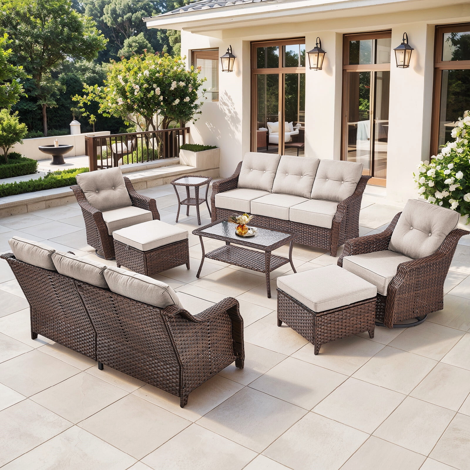 Bellefurn Outdoor Patio Furniture Set with 6 inch Thick Cushion and Swivel Rocker Chairs,Wicker Sofa,Coffee Table and Ottomans,8 PCS Outdoor Conversation Set for Porch,Deck,Yard