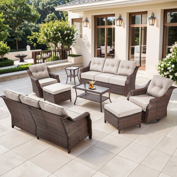Bellefurn Outdoor Patio Furniture Set with 6 inch Thick Cushion and Swivel Rocker Chairs,Wicker Sofa,Coffee Table and Ottomans,8 PCS Outdoor Conversation Set for Porch,Deck,Yard