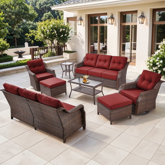 Bellefurn Outdoor Patio Furniture Set with 6 inch Thick Cushion and Swivel Rocker Chairs,Wicker Sofa,Coffee Table and Ottomans,8 PCS Outdoor Conversation Set for Porch,Deck,Yard