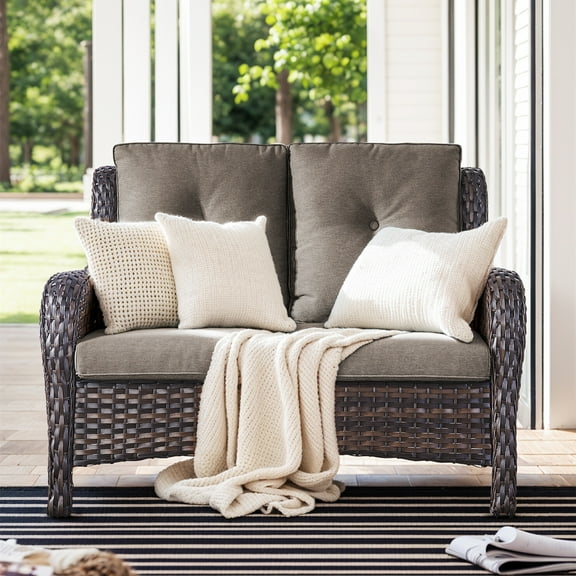 Bellefurn Outdoor Patio Wicker Loveseat,Outdoor Furniture 2 Seater Wicker Sofa with Removble Cushion for Porch Backyard Deck Poolside Garden