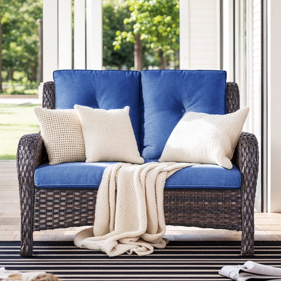 Bellefurn Outdoor Patio Wicker Loveseat,Outdoor Furniture 2 Seater Wicker Sofa with Removble Cushion for Porch Backyard Deck Poolside Garden
