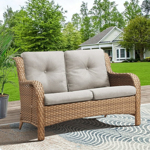 Bellefurn Outdoor Patio Wicker Loveseat,Outdoor Furniture 2 Seater Wicker Sofa with Removble Cushion for Porch Backyard Deck Poolside Garden