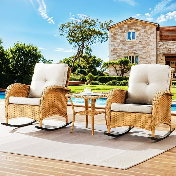 Bellefurn Outdoor Patio Rocking Chairs Set of 2,Outdoor Wicker Rockers with Side Table Patio Rocker Chairs Set for Porch,Outdoor,Living Room