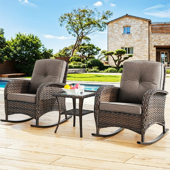 Bellefurn Outdoor Patio Rocking Chairs Set of 2,Outdoor Wicker Rockers with Side Table Patio Rocker Chairs Set for Porch,Outdoor,Living Room