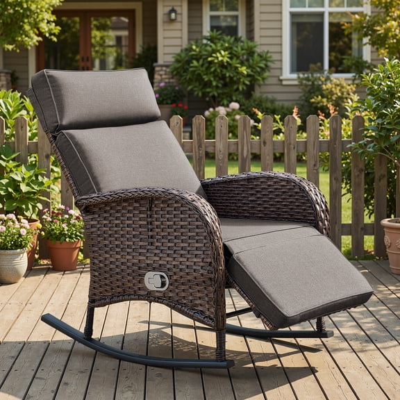 Bellefurn Outdoor Rocking Recliner Chairs,Patio Wicker Rocking Chairs Outdoor Lounge Chairs with Adjustable Backrest & Footrest,Reclining Lounge Rocker Chair for Outdoor,Fire Pit,Pool,Garden