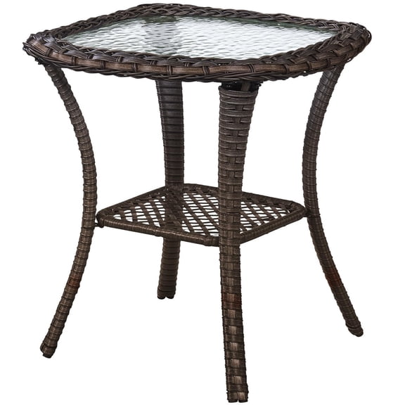 Bellefurn Outdoor Side Table for Patio Furniture Sets Patio Wicker Side Table with Storage Glass Top Rattan End Table for Porch Backyard Balcony