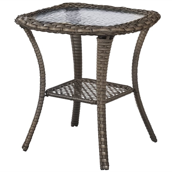 Bellefurn Outdoor Side Table for Patio Wicker Side Table with Storage Glass Top Rattan Side Table - Retro