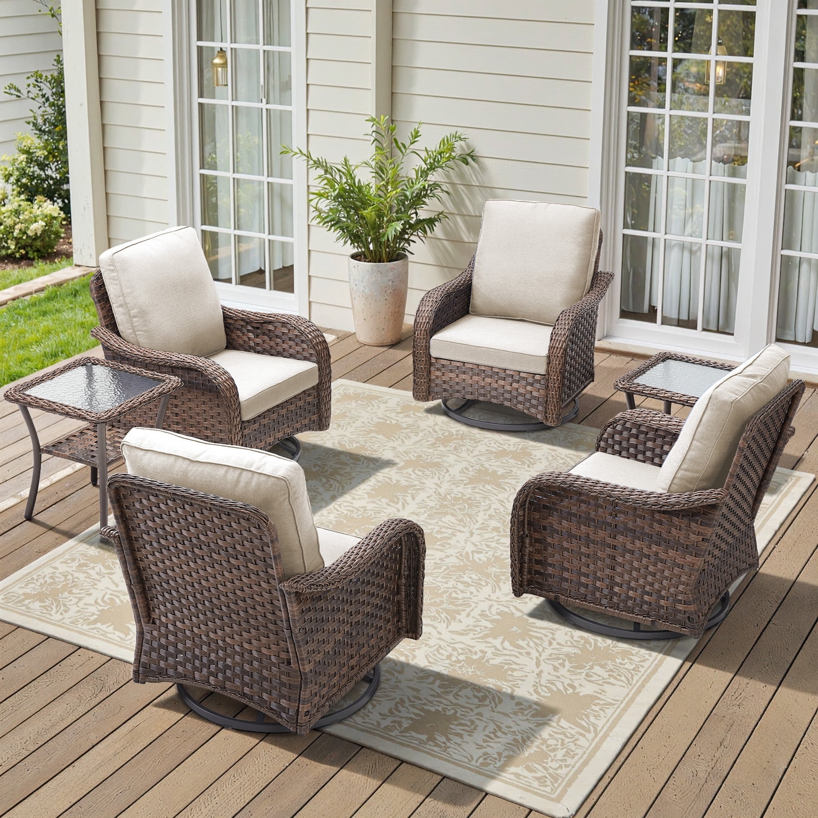 Bellefurn Outdoor Swivel Rocker Patio Chairs Set,6 Piece Furniture Set with 4 Swivel Rocking Chairs and Side Table All Weather Wicker Conversation Set for Porch Deck Garden Backyard