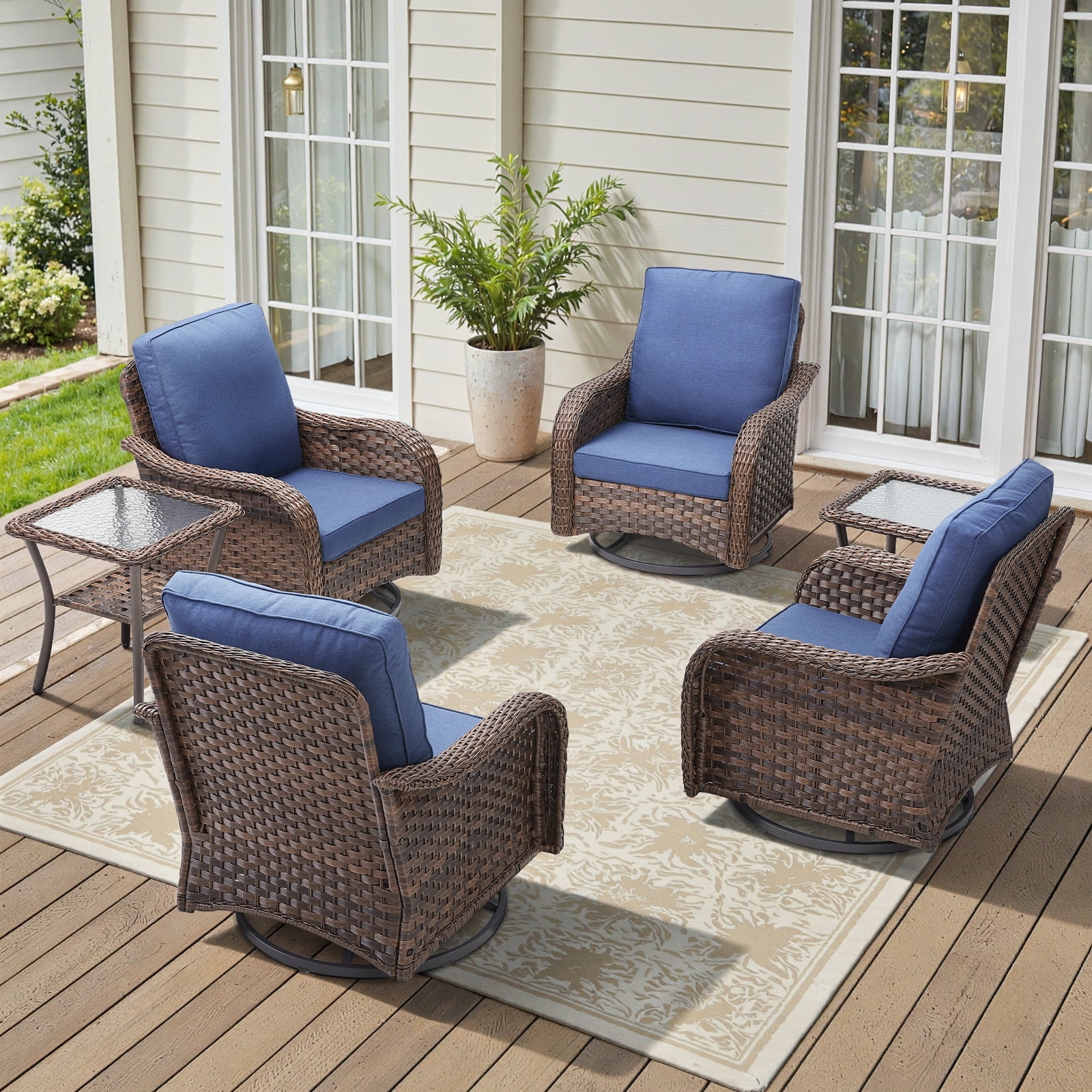 Bellefurn Outdoor Swivel Rocker Patio Chairs Set,6 Piece Furniture Set with 4 Swivel Rocking Chairs and Side Table All Weather Wicker Conversation Set for Porch Deck Garden Backyard