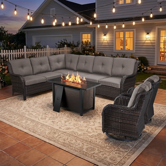 Bellefurn Outdoor Wicker Patio Furniture Set with Fire Pit Table,Outdoor Wicker Sectional Sofa Set L-Shaped Sectional Sofa with Swivel Rocker Chairs,Rattan Conversation Set for Backyard Porch Garden