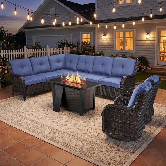 Bellefurn Outdoor Wicker Patio Furniture Set with Fire Pit Table,Outdoor Wicker Sectional Sofa Set L-Shaped Sectional Sofa with Swivel Rocker Chairs,Rattan Conversation Set for Backyard Porch Garden