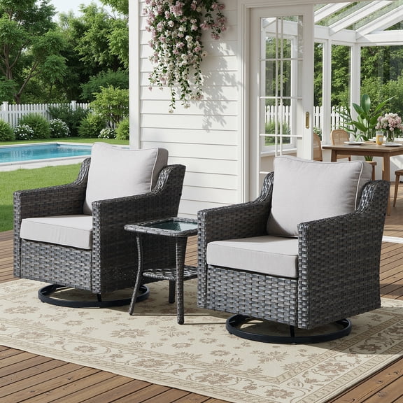 Bellefurn Outdoor Wicker Rocking Chair Patio Swivel Chairs Set of 2,Patio Swivel Rocker Rattan Furniture Sets with Ottoman for Outdoor Porch Deck Garden Backyard