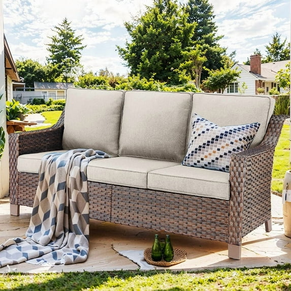Bellefurn Outdoor Couch Patio Furniture Sofa,All-Weather Wicker Patio 3 Seater Sofa with 5" Thick Cushion for Outdoor,Garden,Lawn,Backyard