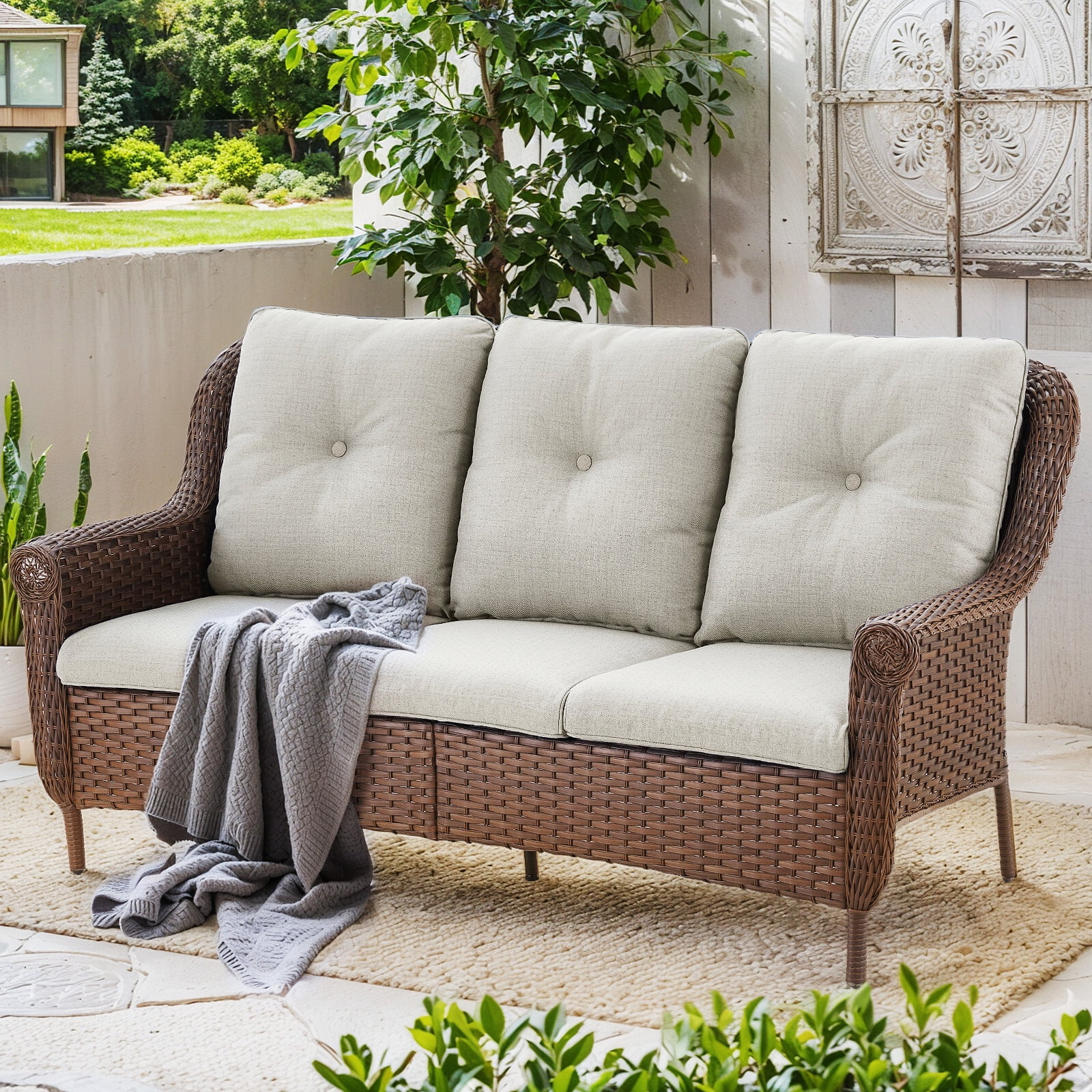Bellefurn 3 Seater Patio Couch Wicker Outdoor Sofa,Patio Furniture Set with High Curvy Back Non-Slip Thick Cushions for Garden,Backyard,Porch