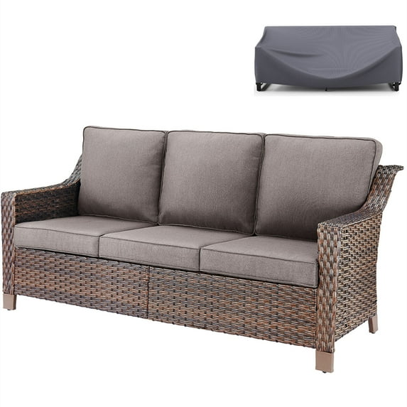 Bellefurn Patio 3 Seater Outdoor Sofa Outdoor Couch with Waterproof Sofa Cover,High Back Rattan Deep Seat Sofa for Outdoor,Lawn,Backyard