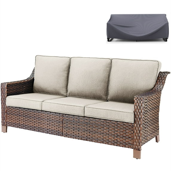 Bellefurn Patio 3 Seater Outdoor Sofa Outdoor Couch with Waterproof Sofa Cover,High Back Rattan Deep Seat Sofa for Outdoor,Lawn,Backyard
