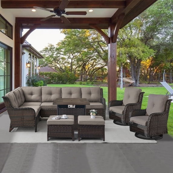 Bellefurn Patio Furniture Set with Fire Pit,9-Piece Outdoor Conversation Set with Patio Swivel Chairs Sectional Sofa and 2 Ottomans Side Table for Balcony, Porch, Garden