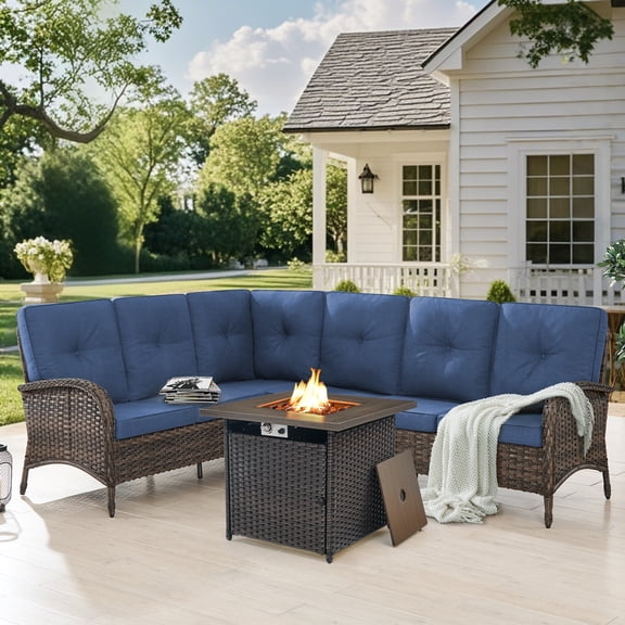 Bellefurn Patio Furniture Set with Fire Pit Table,Outdoor Wicker Sectional Sofa L Shaped Couch,Patio High Back Conversation Set for Deck,Backyard,Porch