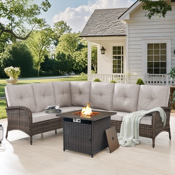 Bellefurn Patio Furniture Set with Fire Pit Table,Outdoor Wicker Sectional Sofa L Shaped Couch,Patio High Back Conversation Set for Deck,Backyard,Porch