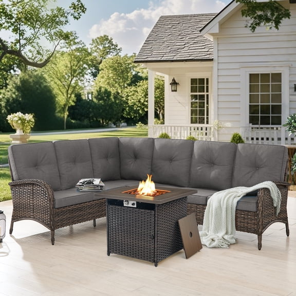 Bellefurn Patio Furniture Set with Fire Pit Table,Outdoor Wicker Sectional Sofa L Shaped Couch,Patio High Back Conversation Set for Deck,Backyard,Porch