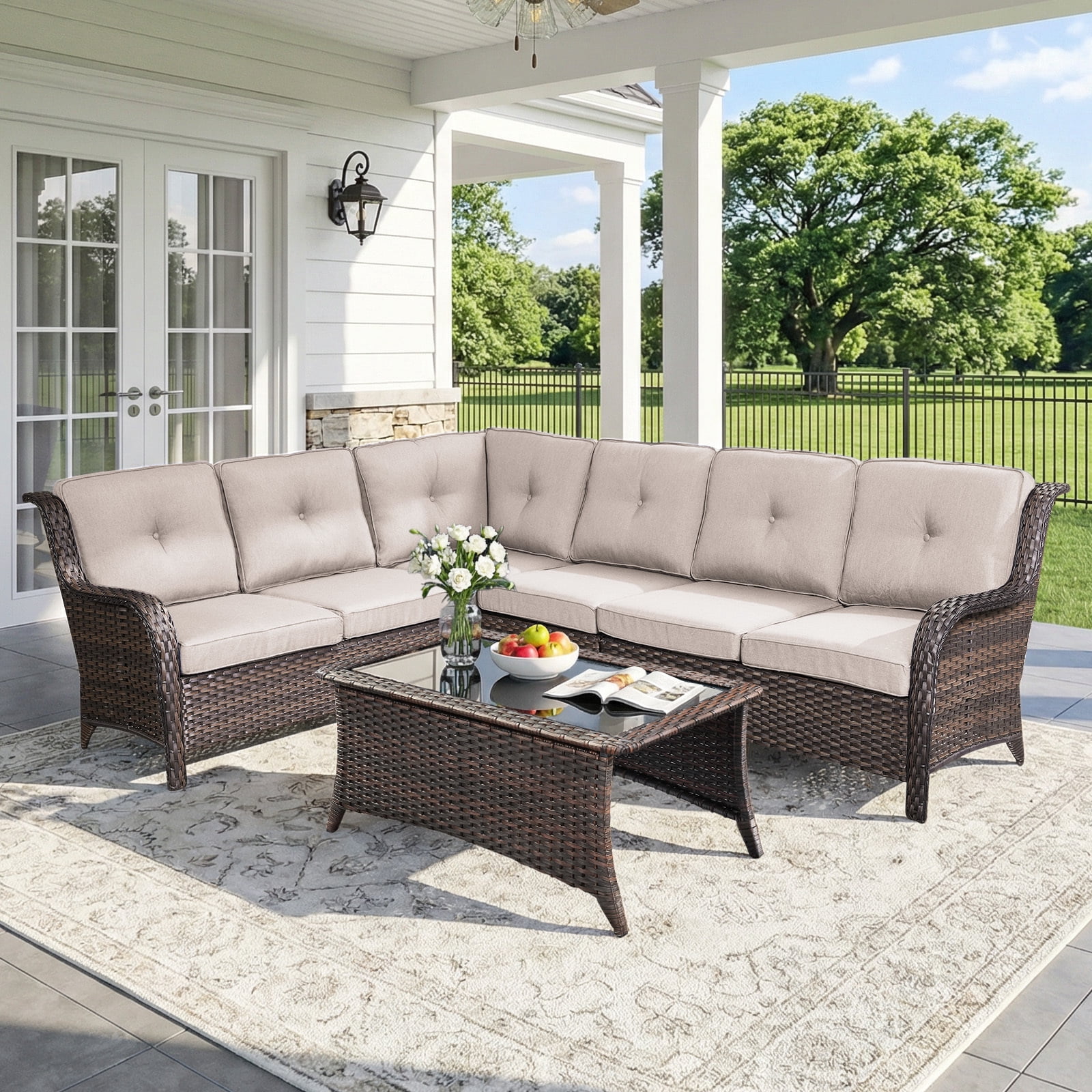 Bellefurn Outdoor Wicker Patio Furniture Set,Outdoor Wicker Sectional Sofa Set L-Shaped Sectional Sofa with Coffee Table,All Weather Rattan Conversation Set for Backyard Porch Garden