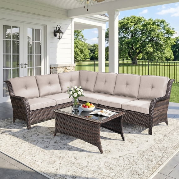 Bellefurn Outdoor Wicker Patio Furniture Set,Outdoor Wicker Sectional Sofa Set L-Shaped Sectional Sofa with Coffee Table,All Weather Rattan Conversation Set for Backyard Porch Garden