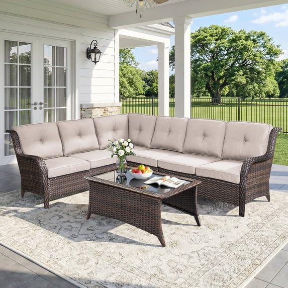 Bellefurn Outdoor Wicker Patio Furniture Set,Outdoor Wicker Sectional Sofa Set L-Shaped Sectional Sofa with Coffee Table,All Weather Rattan Conversation Set for Backyard Porch Garden