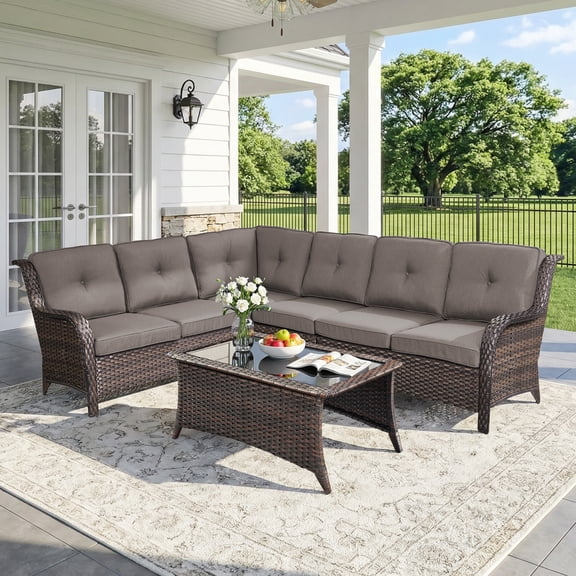 Bellefurn Outdoor Wicker Patio Furniture Set,Outdoor Wicker Sectional Sofa Set L-Shaped Sectional Sofa with Coffee Table,All Weather Rattan Conversation Set for Backyard Porch Garden