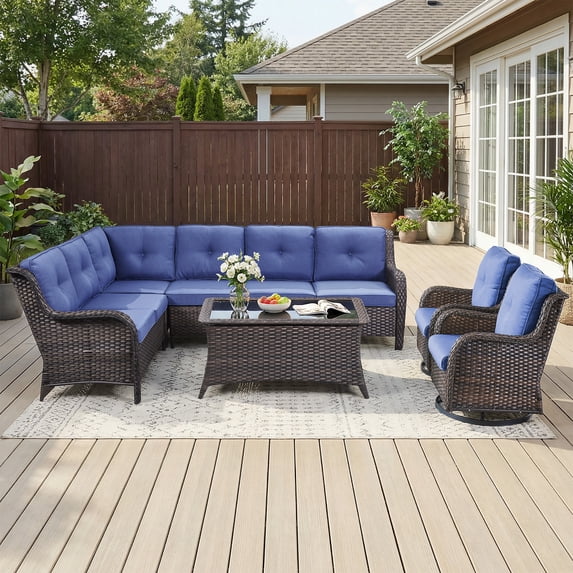 Bellefurn Outdoor Wicker Patio Furniture Set with Swivel Rocking Chairs,Outdoor Wicker Sectional Sofa Set L-Shaped Sectional Sofa with Coffee Table,Rattan Conversation Set for Backyard Porch Garden