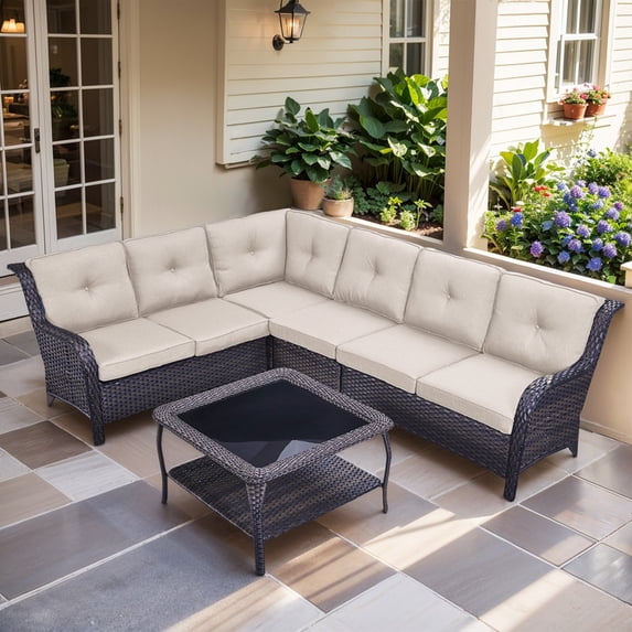 Bellefurn Outdoor Wicker Patio Furniture Set with Swivel Rocking Chairs,Outdoor Wicker Sectional Sofa Set L-Shaped Sectional Sofa with Coffee Table,Rattan Conversation Set for Backyard Porch Garden