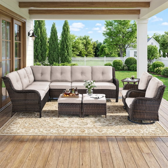 Bellefurn Outdoor Wicker Patio Furniture Set with Swivel Rocking Chairs,Outdoor Wicker Sectional Sofa Set L-Shaped Sectional Sofa with Ottomans,Rattan Conversation Set for Backyard Porch Garden