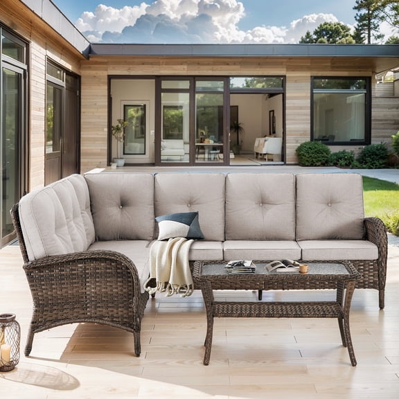 Bellefurn Patio Furniture Set Outdoor Wicker Sectional Sofa L Shaped Couch with Coffee Table,Patio 6-Seat Sofa High Back Conversation Set for Deck,Backyard,Porch
