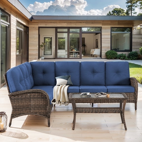 Bellefurn Patio Furniture Set Outdoor Wicker Sectional Sofa L Shaped Couch with Coffee Table,Patio 6-Seat Sofa High Back Conversation Set for Deck,Backyard,Porch