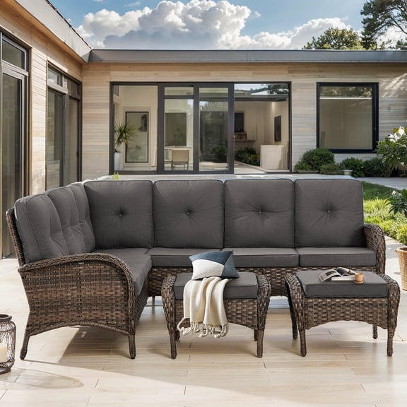 Bellefurn Patio Furniture Set Outdoor Wicker Sectional Sofa L Shaped Couch with Ottoman,Patio 6-Seat Sofa High Back Conversation Set for Deck,Backyard,Porch