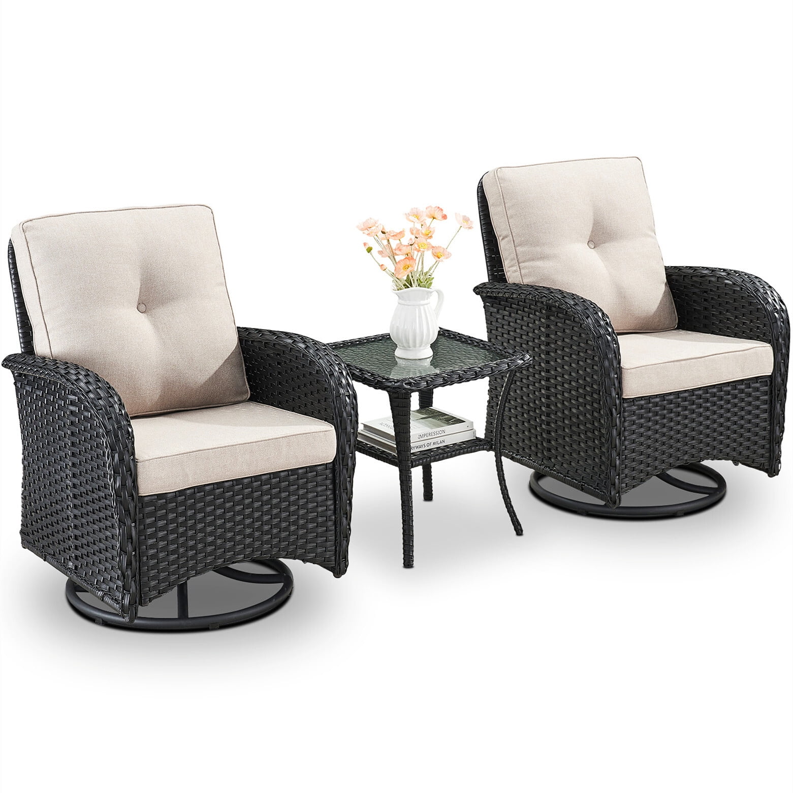 Bellefurn Patio Swivel Chairs Set of 2,Wicker Outdoor Swivel Rocker Chair with Side Table Patio Furniture Outdoor Conversation for Porch Deck Backyard Poolside