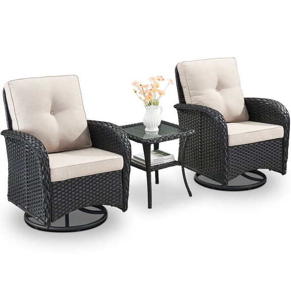 Bellefurn Patio Swivel Chairs Set of 2,Wicker Outdoor Swivel Rocker Chair with Side Table Patio Furniture Outdoor Conversation for Porch Deck Backyard Poolside