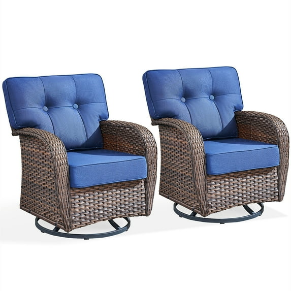 Bellefurn Patio Swivel Glider Chairs Set of 2,All Weather Outdoor Wicker Swivel Glider Rocking Chairs with 5" Thick T-shape Back Cushions for Porch Balcony Deck