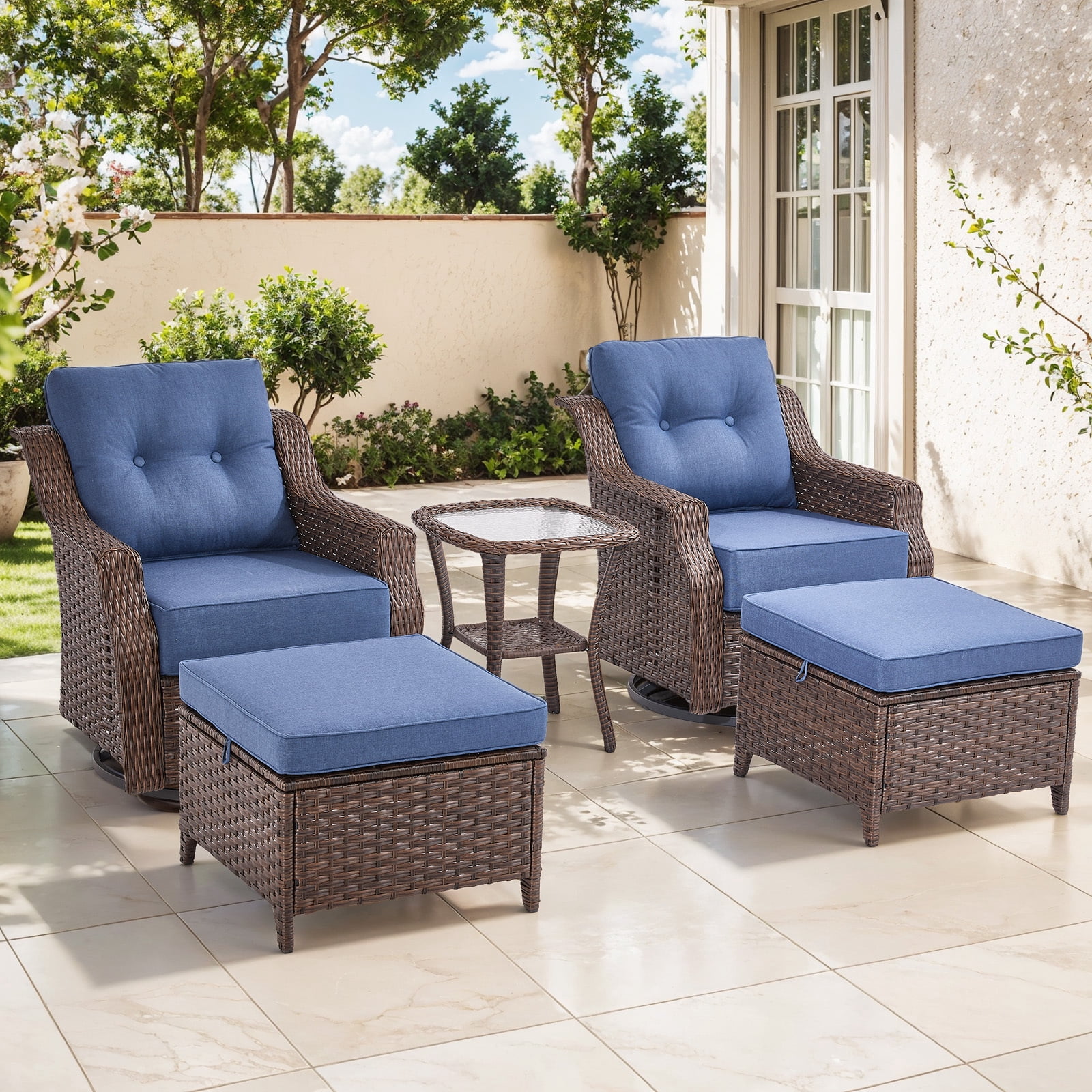 Bellefurn Luxury Outdoor Swivel Chairs Set of 2 with 6 inch Thick Cushions,Patio Wicker Swivel Rocking Chairs with Ottomans Patio Furniture Chairs Set for Balcony,Porch,Garden