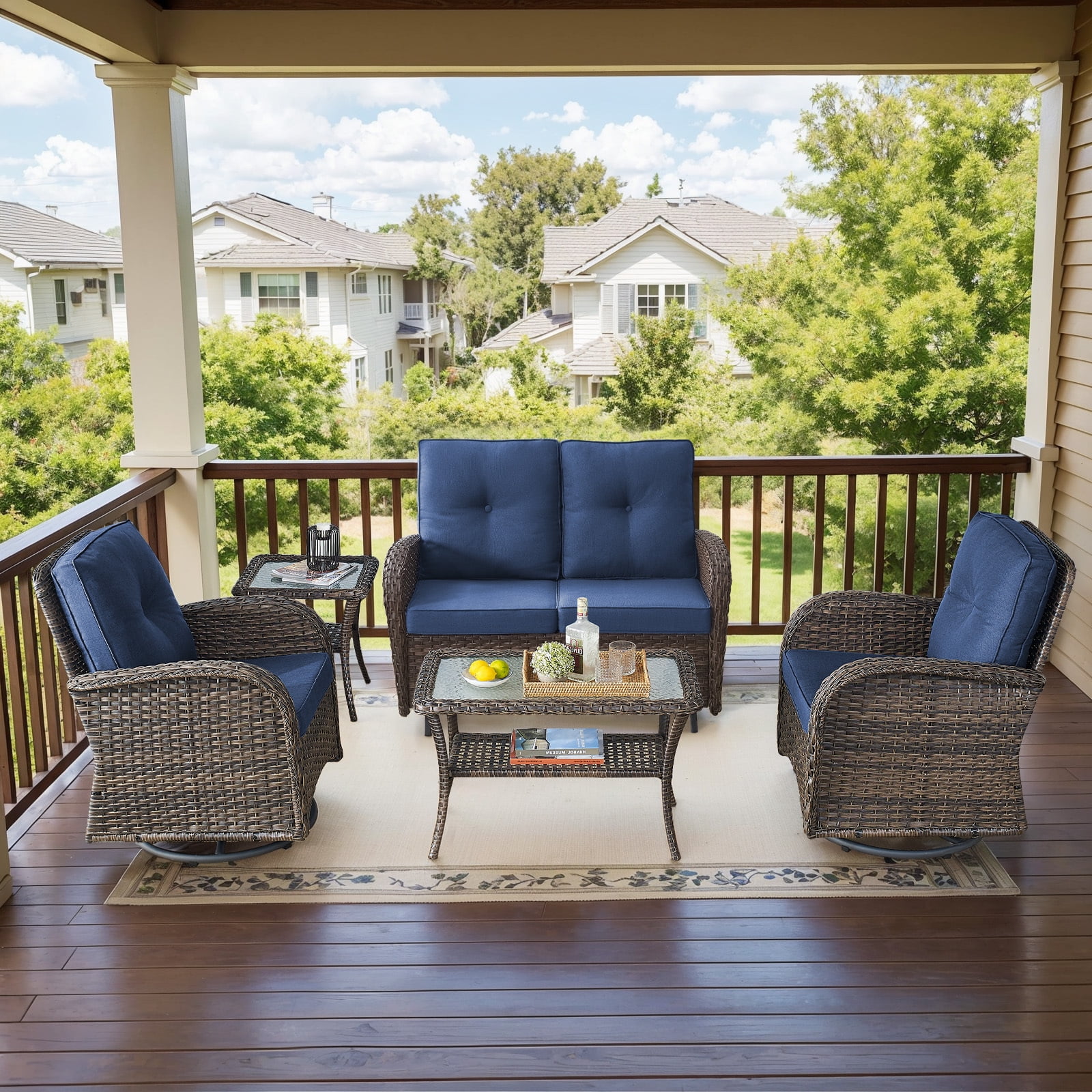 Bellefurn 5 Pieces Outdoor Patio Furniture Sets with Swivel Rocker Chairs Rattan Glider Loveseat and Coffee Table,Wicker Outdoor Conversation Sets for Porch Deck Backyard Poolside