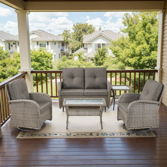 Bellefurn 5 Pieces Outdoor Patio Furniture Sets with Swivel Rocker Chairs Glider Loveseat and Rattan Coffee Table,Wicker Outdoor Conversation Sets for Porch Deck Backyard Poolside
