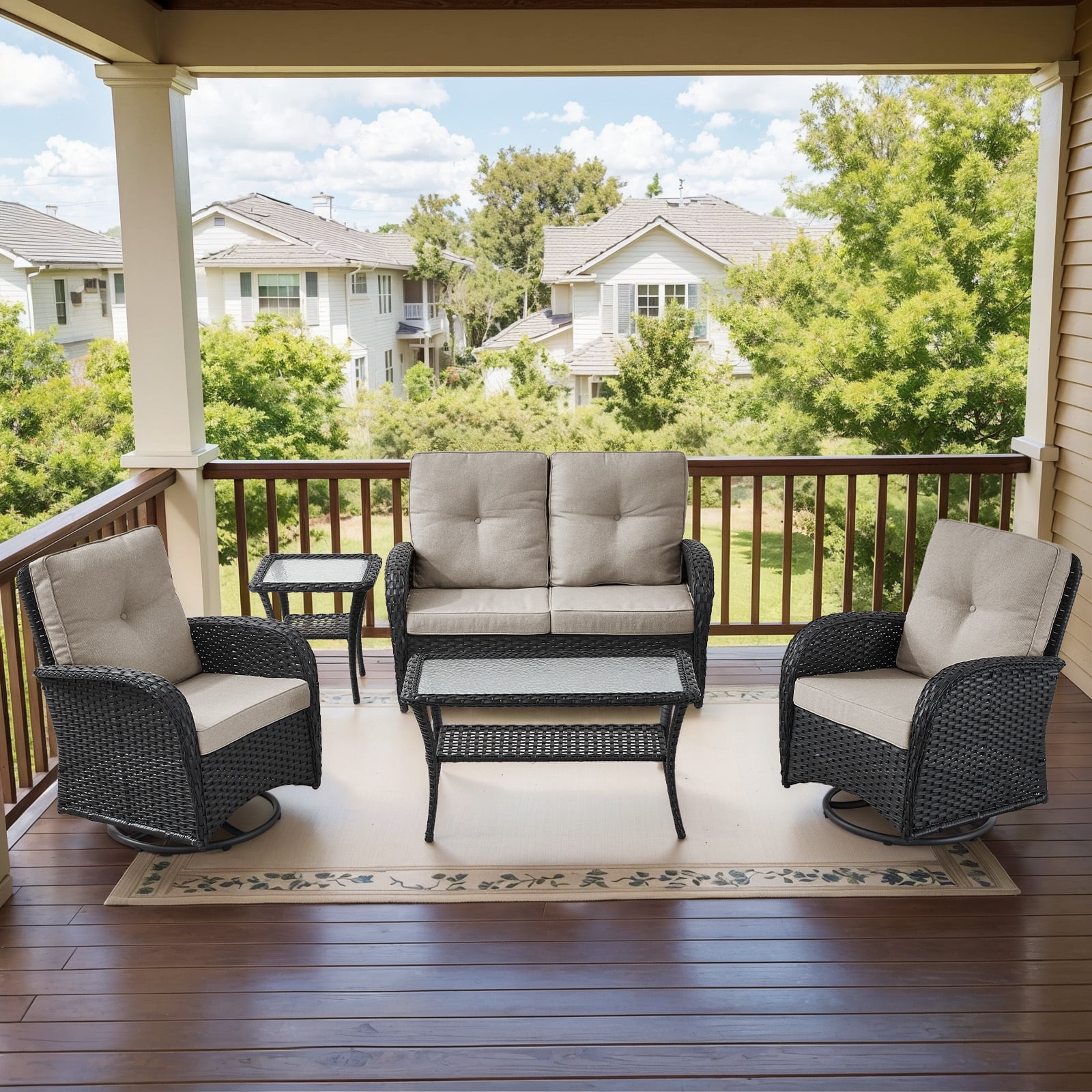 Bellefurn 5 Pieces Wicker Patio Furniture Set with Outdoor Swivel Rocker Chairs,Glider Loveseat and Rattan Coffee Table,Outdoor Conversation Sets for Porch Deck Backyard Poolside