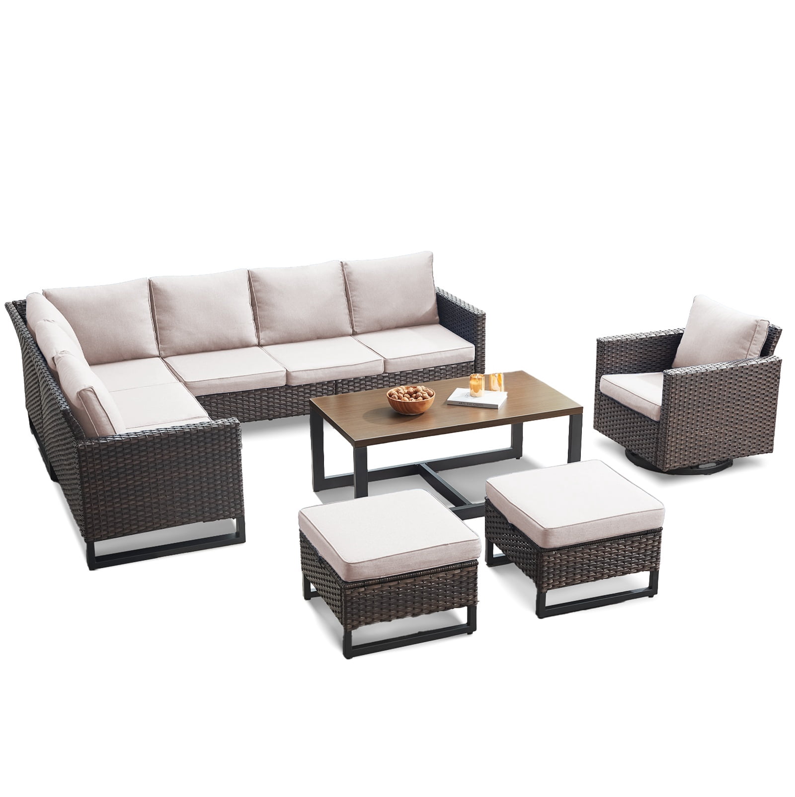 Bellefurn Wicker Outdoor Patio Furniture Set - 6 Piece Outdoor Conversation Set with 6-Seater Outdoor Sectional Sofa,Patio Swivel Rocker Chairs,Ottomans,Coffee Table,for Outside Porch Deck Backyar