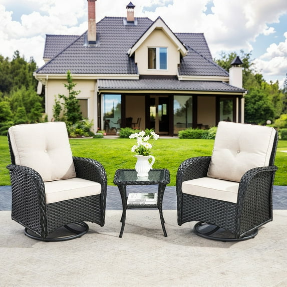 Bellefurn Patio Swivel Chairs Set of 2 Outdoor Swivel Rocker Patio Chair with Side Table,Wicker Patio Furniture Set for Porch Deck Backyard Poolside