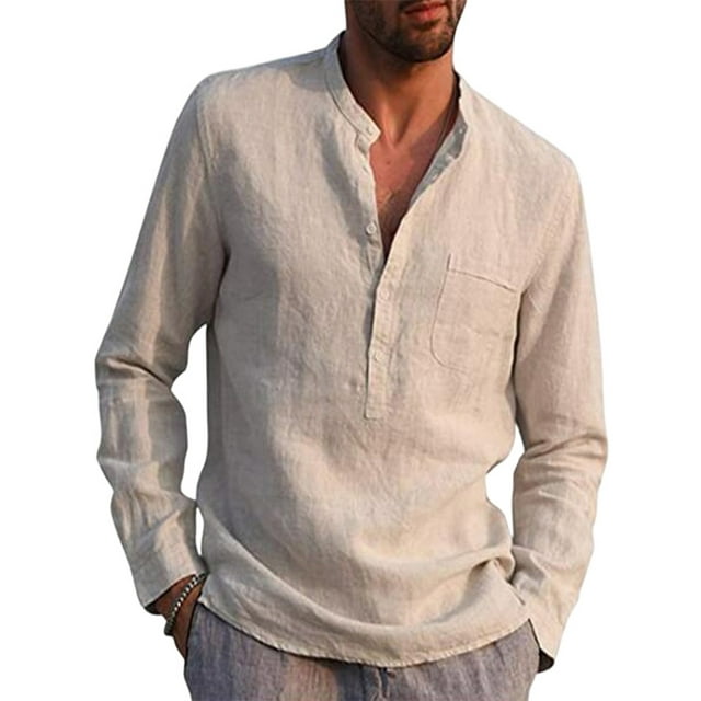 Bellella Cotton Linen Henley Shirt for Men Loose Fit Solid Tops Long ...