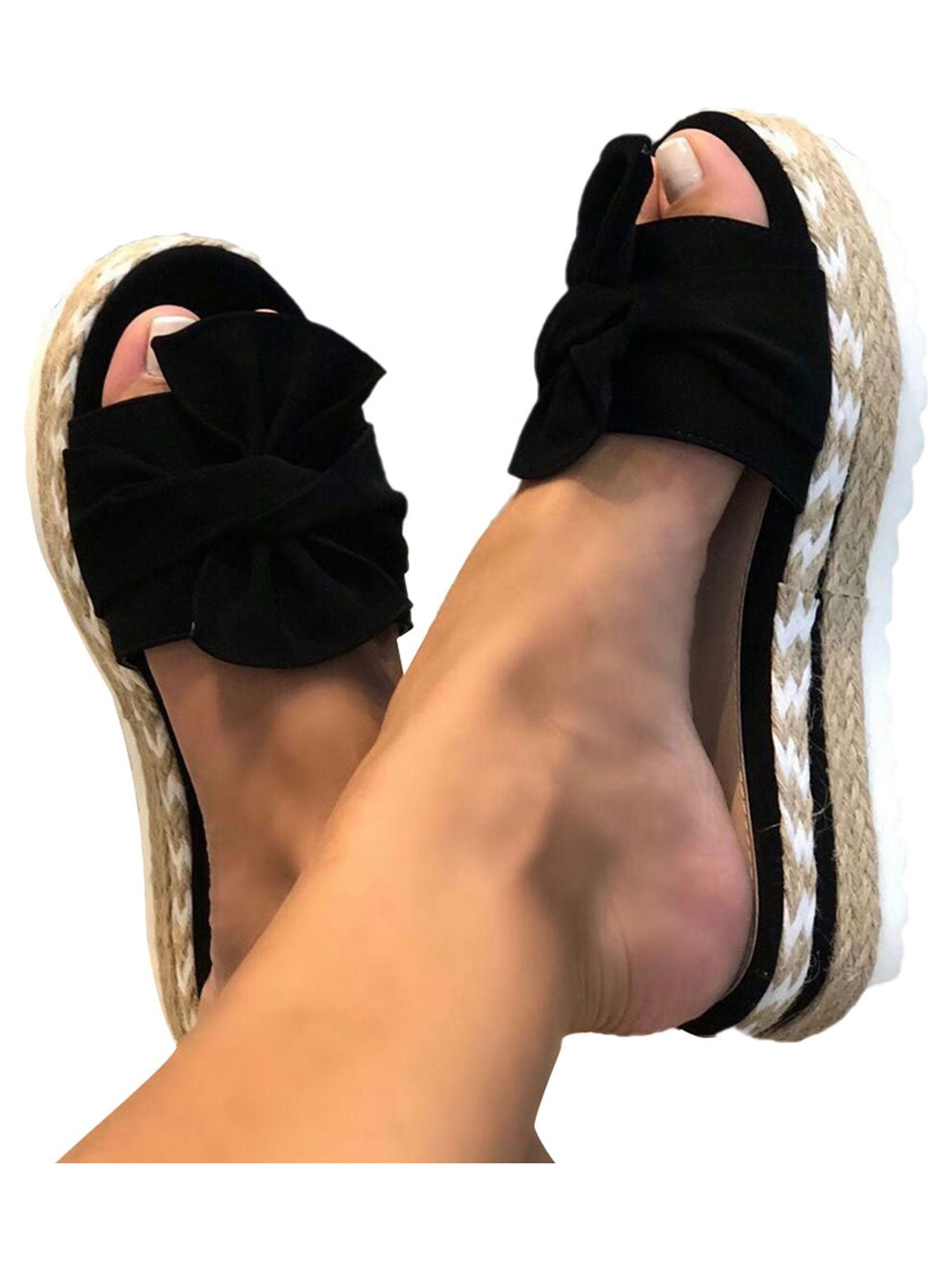 Bellella Ladies Womens Espadrille Bow Platform Slip On Heel Wedge Summer  Sandals Sliders 