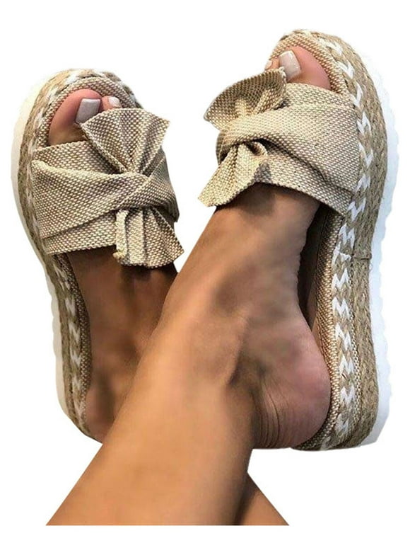 Bellella Ladies Womens Espadrille Bow Platform Slip On Heel Wedge Summer Sandals Sliders