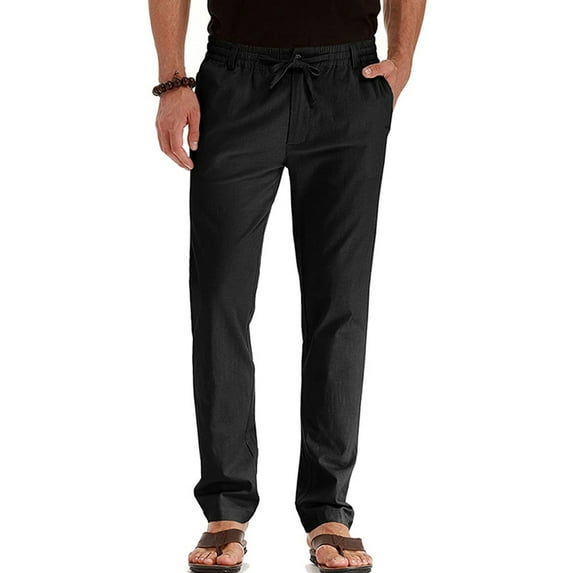 Bellella Men Summer Drawstring Pants Casual Elastic Waist Bottoms Jogger Trousers Solid Color Loungewear with Pockets Black 2XL