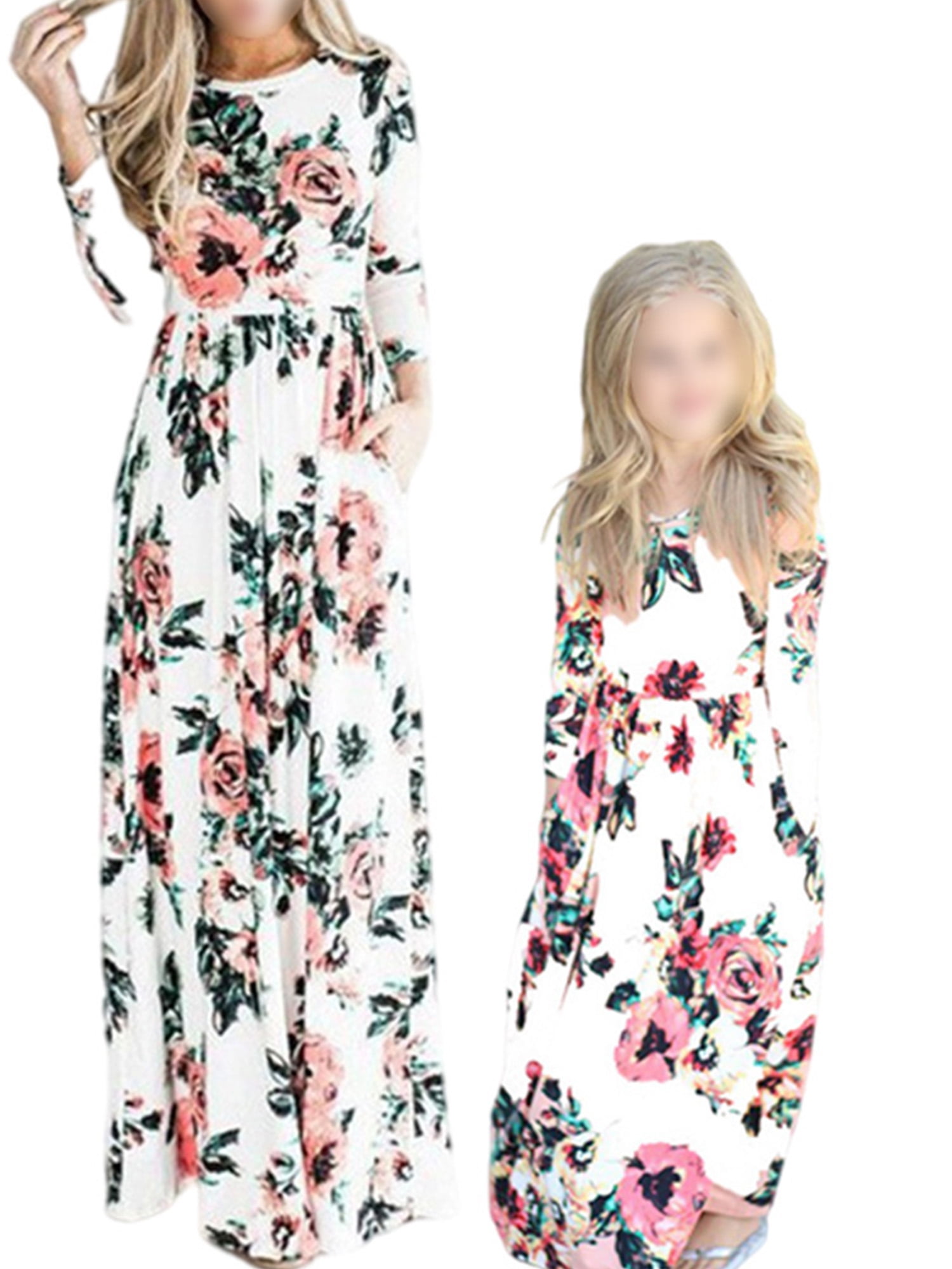 Bellella Mommy and Me Dresses Floral Printed Elastic Waist Maxi Dress Long  Sleeve Beach Mom Daughter Matching Outfits - Walmart.com