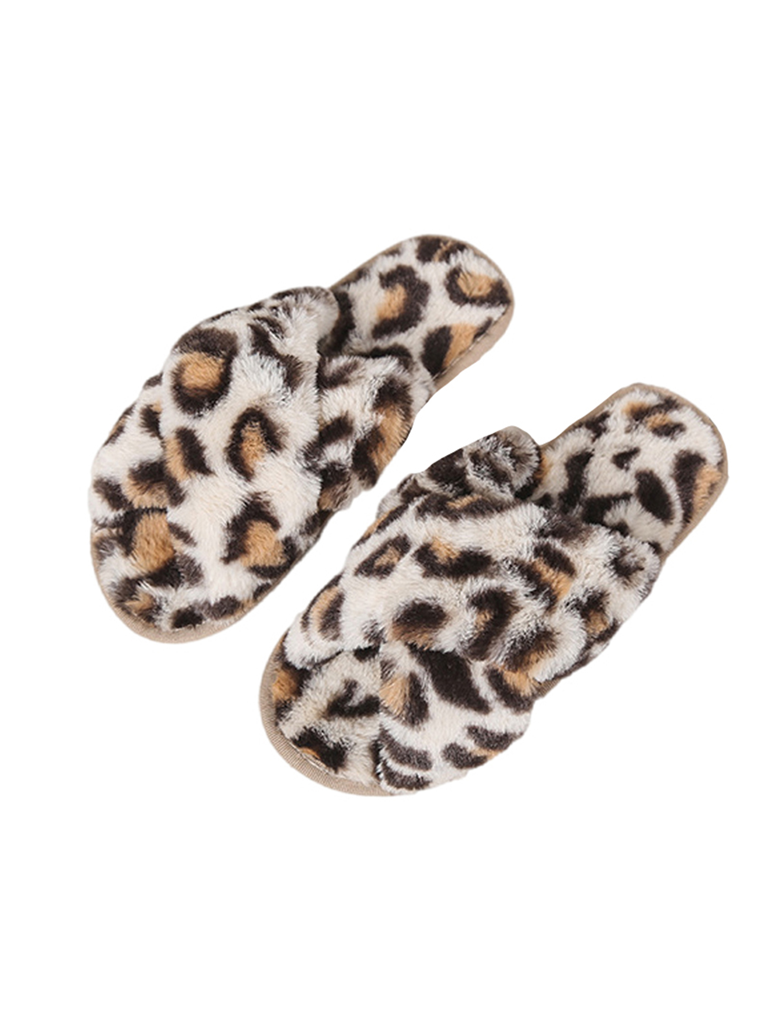 Bellella Women Plush Slipper Cross Strap Fuzzy Slippers Leopard Print