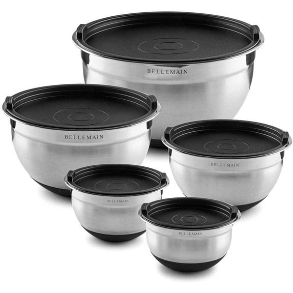 Bellemain Stainless Steel Non-Slip Mixing Bowls with Lids (5 Piece, Silver/Black) 5 Piece Silver/Black